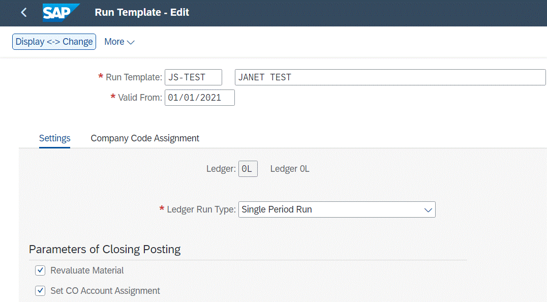 Figure 12 Template for Costing Run