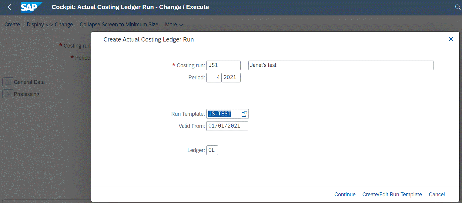 Figure 13 Ledger Specific Costing Run for Actual Costing