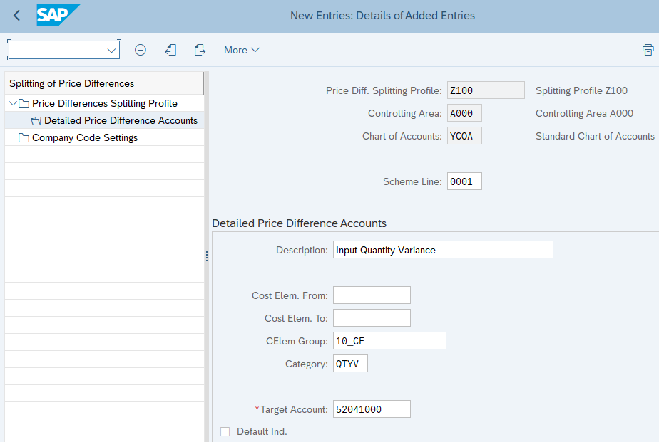 SAP variance split mapping of input quantity variance to a target G/L account